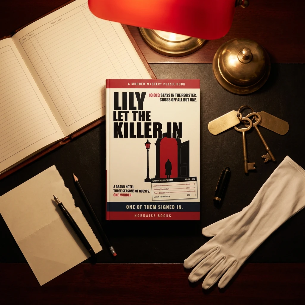 Lily Let The Killer In on a hotel reception desk with the guest register, keys and a bell